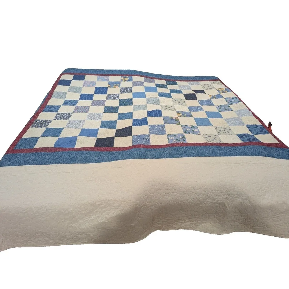 COUNTRY PATCHWORK QUILT King SZ BLUE WHITE Red 2 SIDED